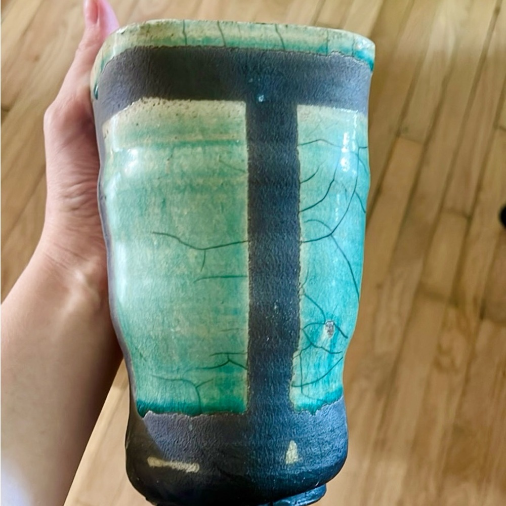 Handcrafted Ceramic Vase - Turquoise and grey